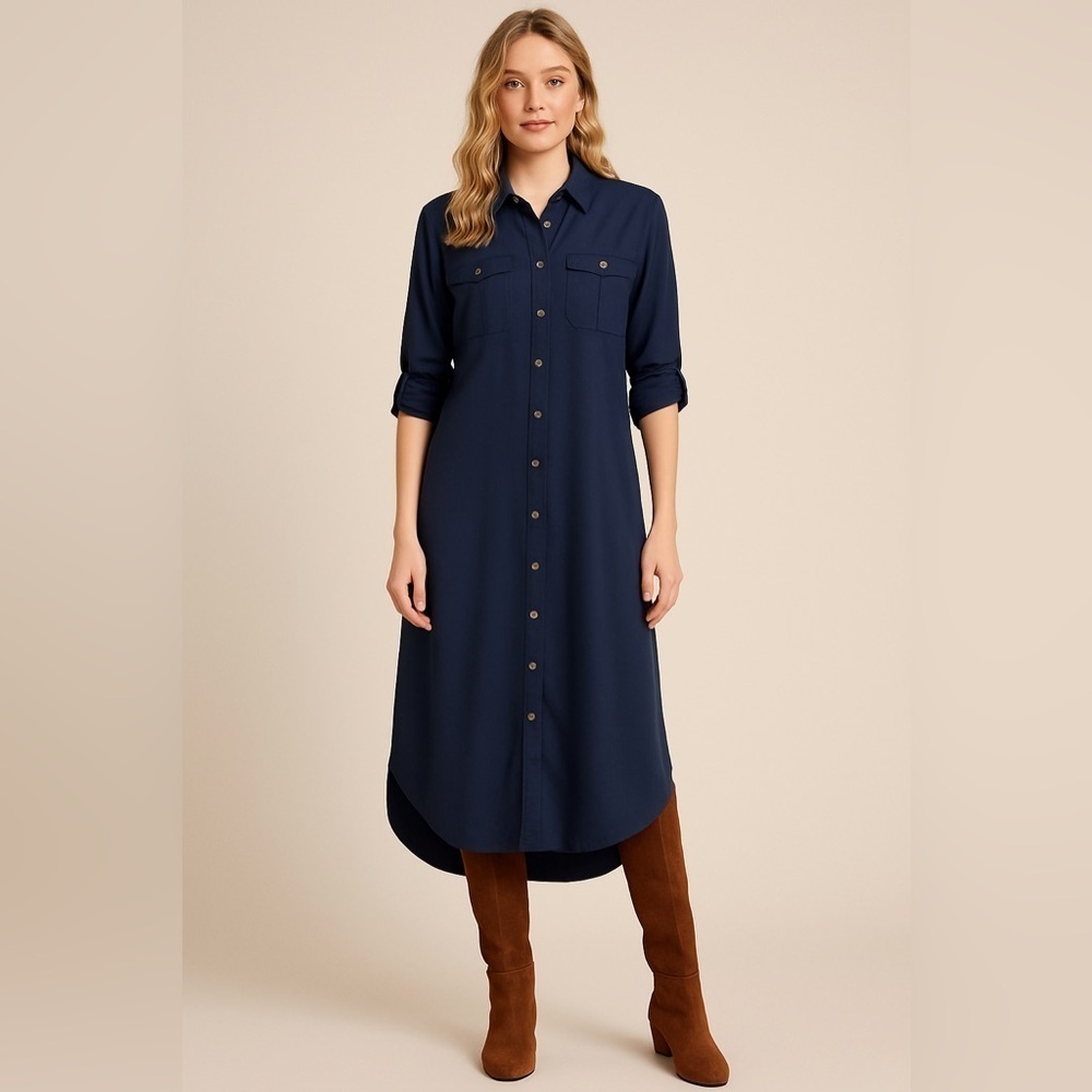 Banana Republic Maxi Shirt Dress Adjustable Sleeves Navy Blue sz Small